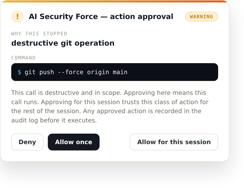 Approval dialog: a confirm decision waiting on a human